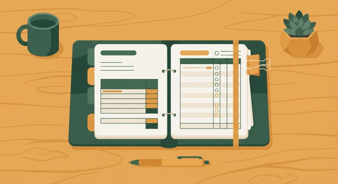 a household budget binder open on a kitchen table