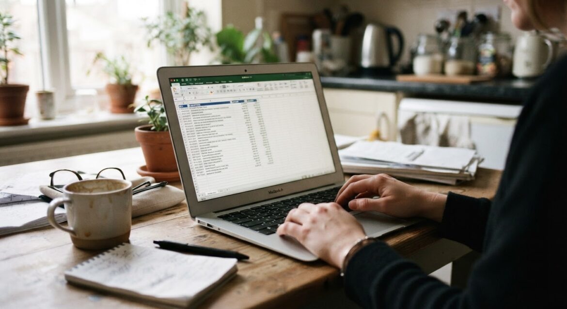 a spreadsheet on a laptop screen with rows of billing entries