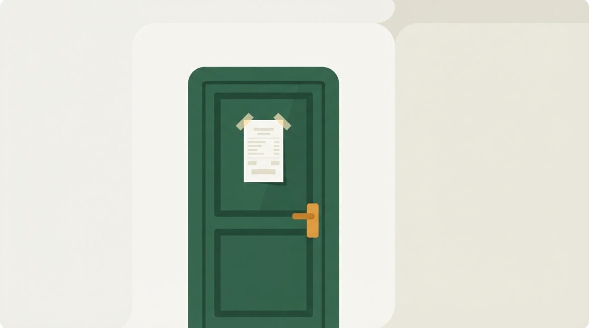 a closed door with a bill receipt taped to it