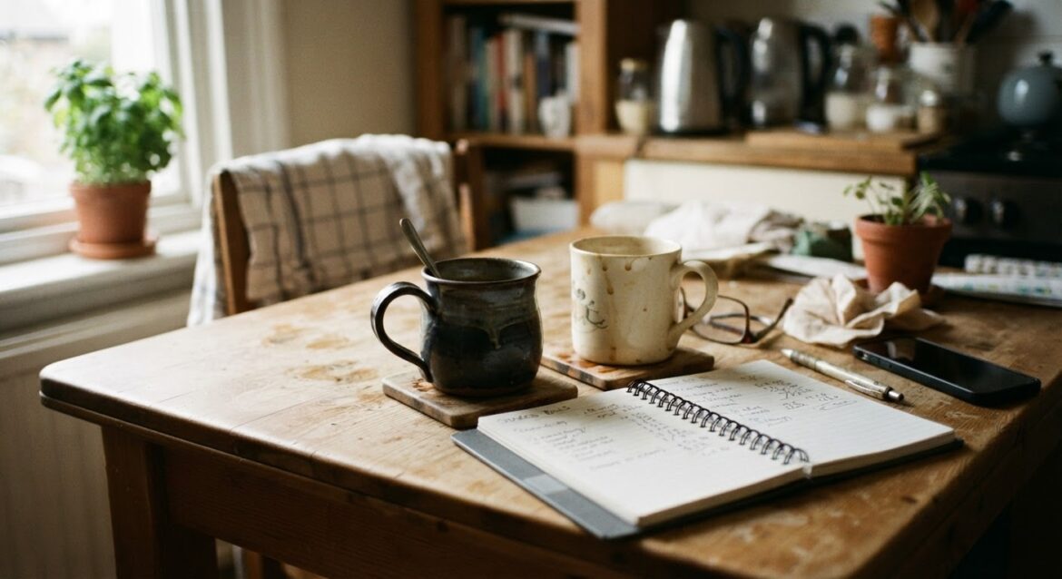 two coffee mugs on a table next to a shared bills notebook