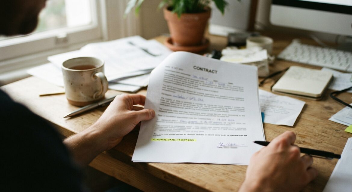 a contract document with a renewal date highlighted
