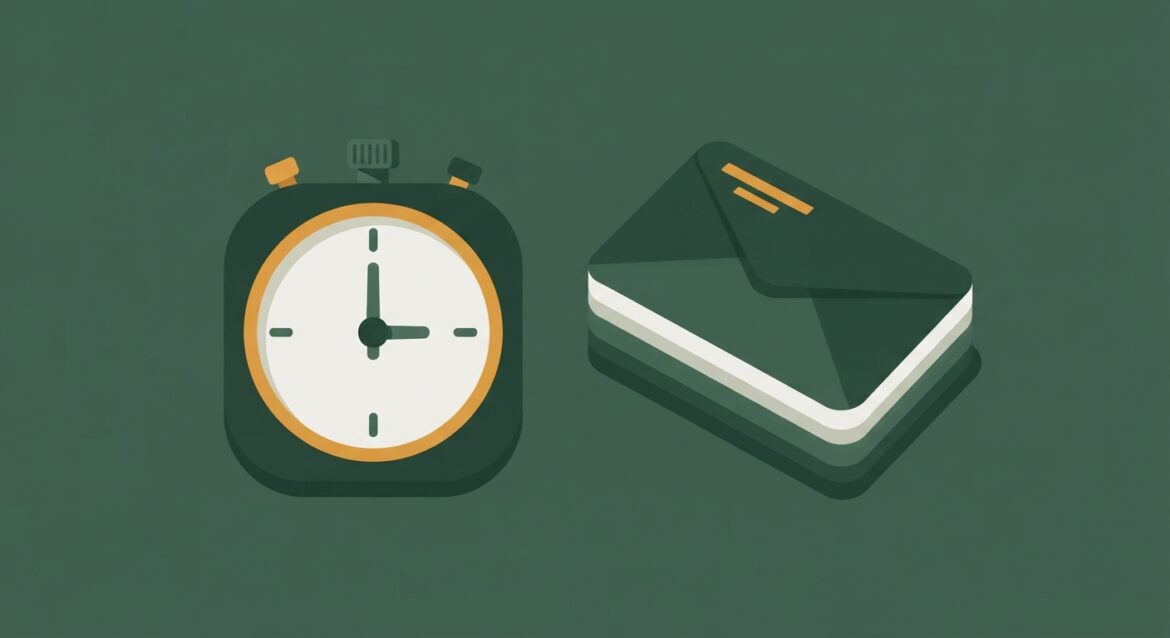 a stopwatch next to a stack of unopened bills
