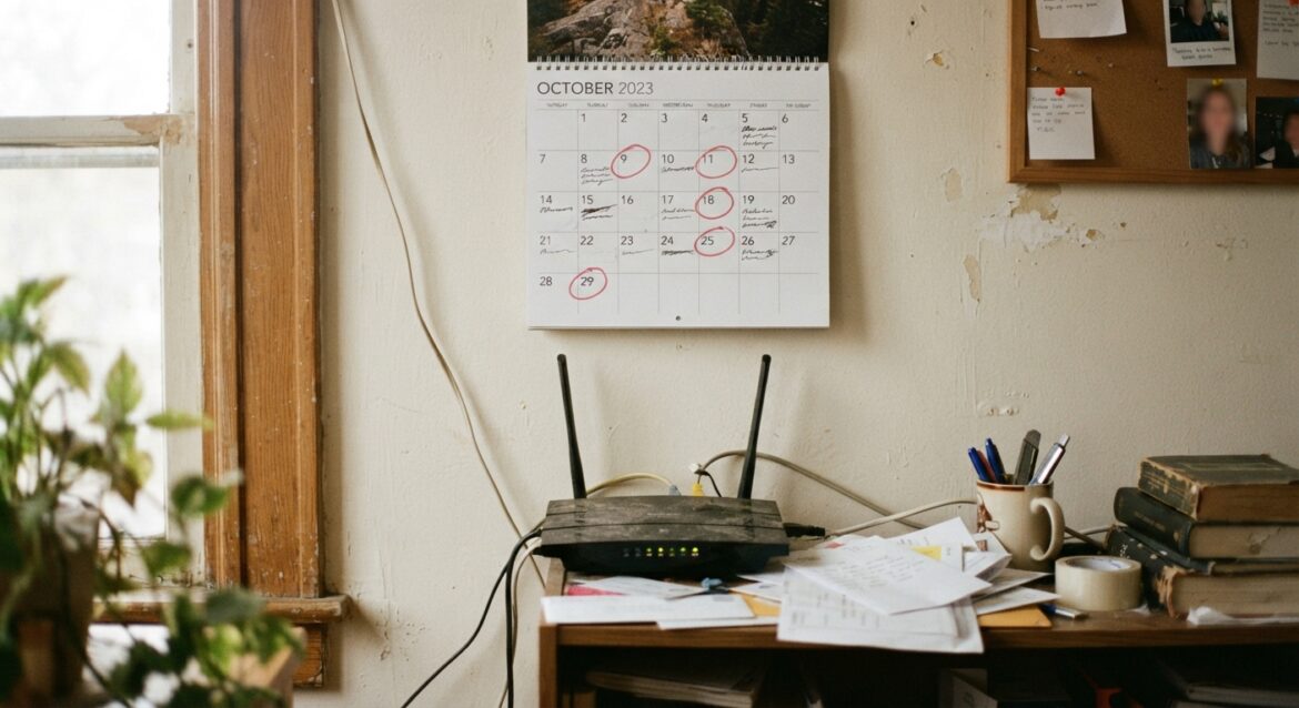 a wall calendar with certain dates circled near a router