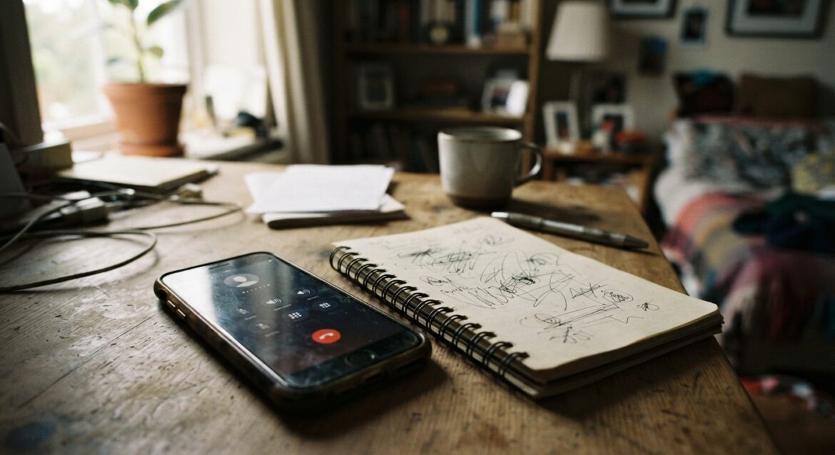 a smartphone displaying a call screen next to a notepad