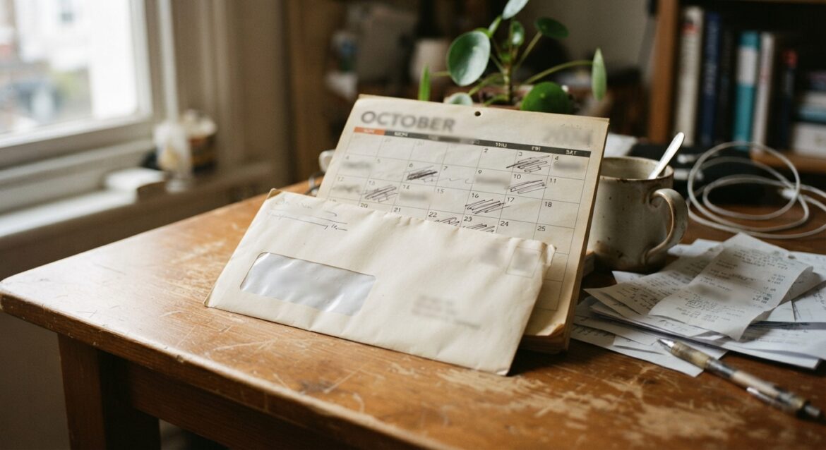 a renewal notice envelope with a calendar page behind it