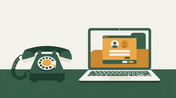 an old rotary telephone next to a laptop showing a login screen