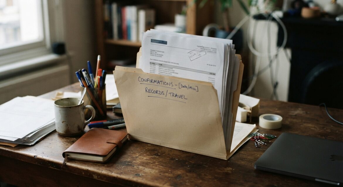 a labeled folder of printed confirmation emails on a desk