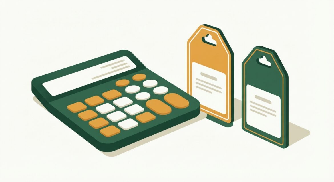 a calculator sitting next to two price tags, one monthly and one annual