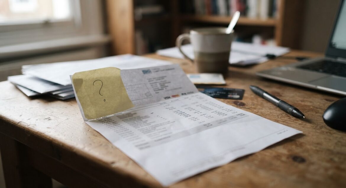 a question mark sticky note attached to a credit card statement