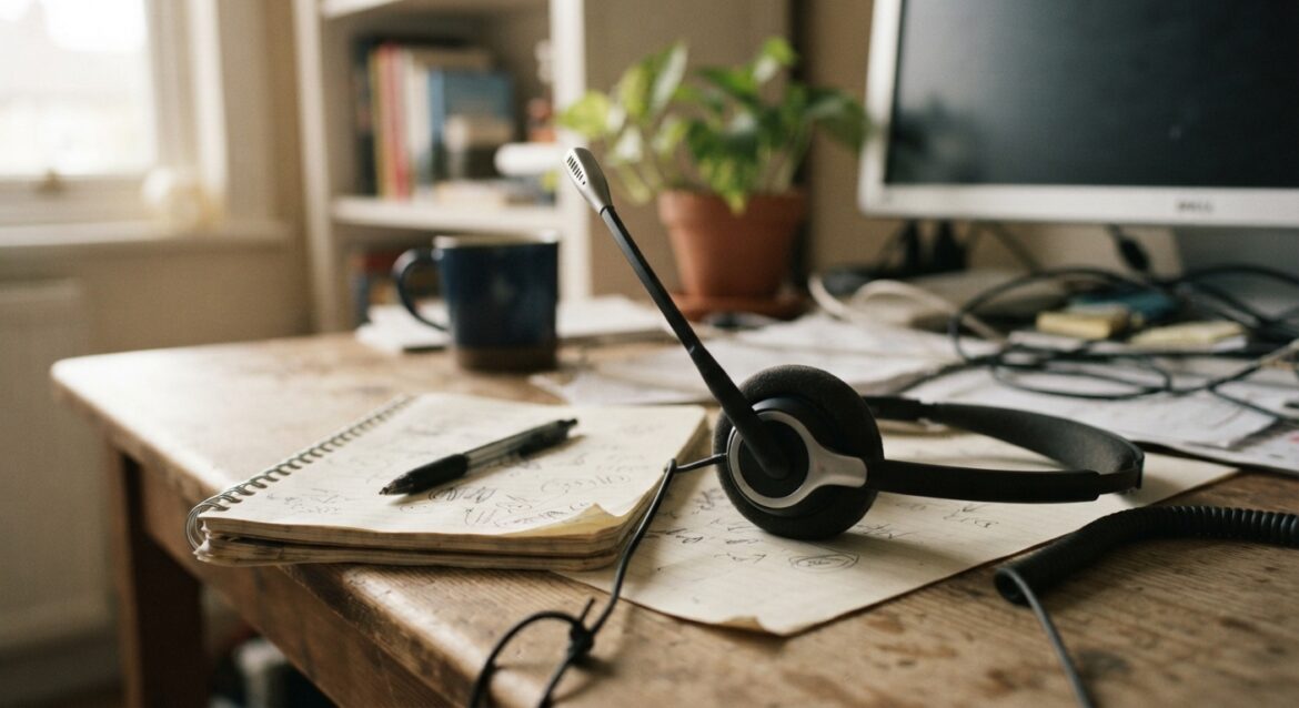 a customer service headset resting on a desk beside a notepad