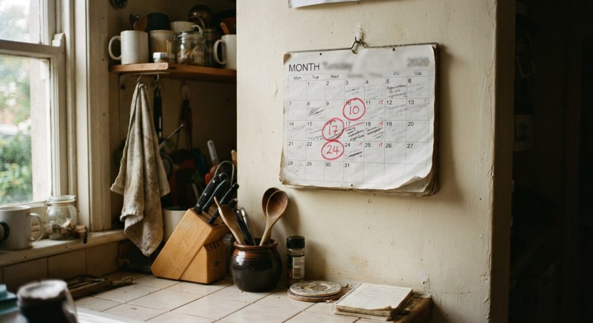 a kitchen calendar with a recurring reminder circled in red