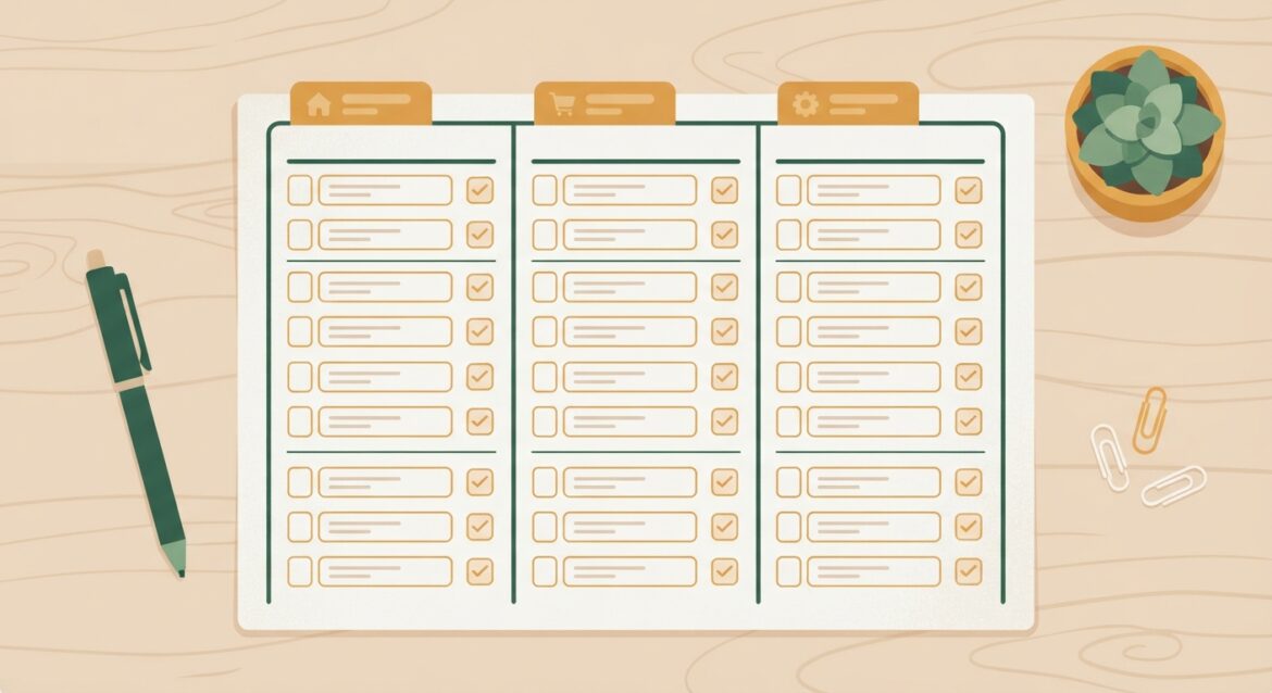 A household budget worksheet with three labeled columns for sorting expenses
