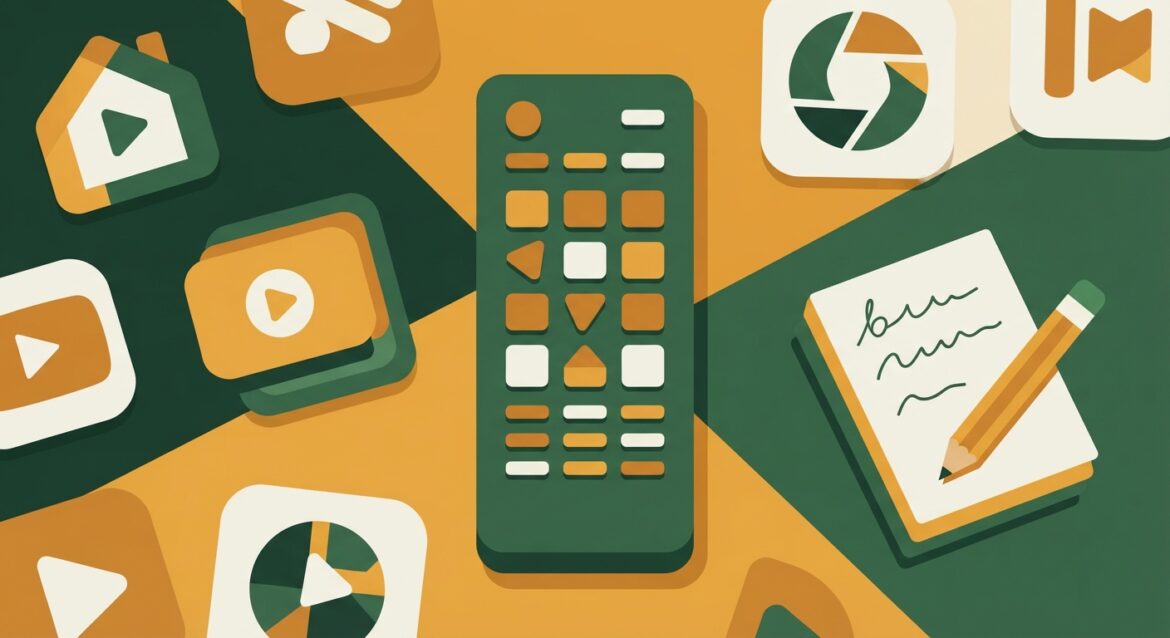 A family remote control surrounded by streaming service logos and a small notepad with a budget list
