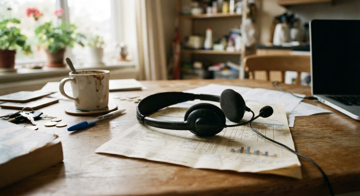 A customer service call center headset resting on a household bill statement