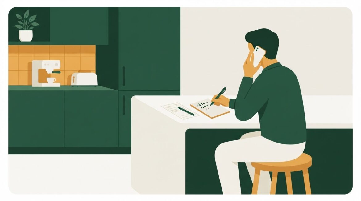 A person on a phone call taking notes at a kitchen counter, calm expression, with a bill and pen nearby