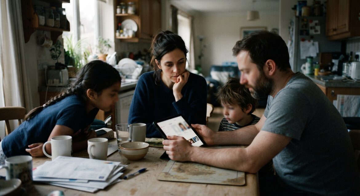 A family reviewing a shared streaming account on a tablet at the kitchen table