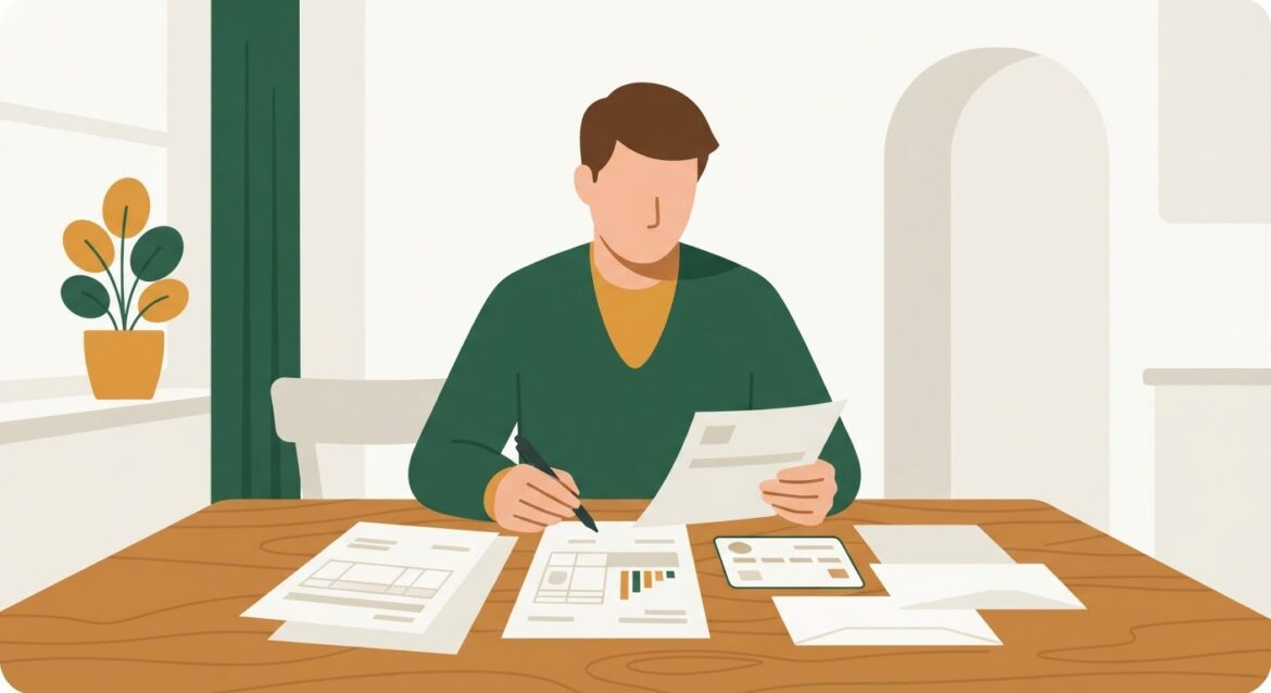 A person reviewing paper membership renewal notices and a credit card statement at a kitchen table