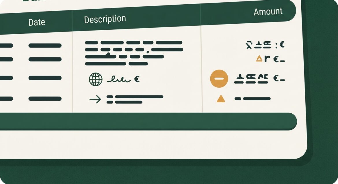 A bank statement close-up showing a foreign currency charge and conversion fee line