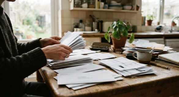 A person sorting paper bills and subscription statements into separate piles at a kitchen table