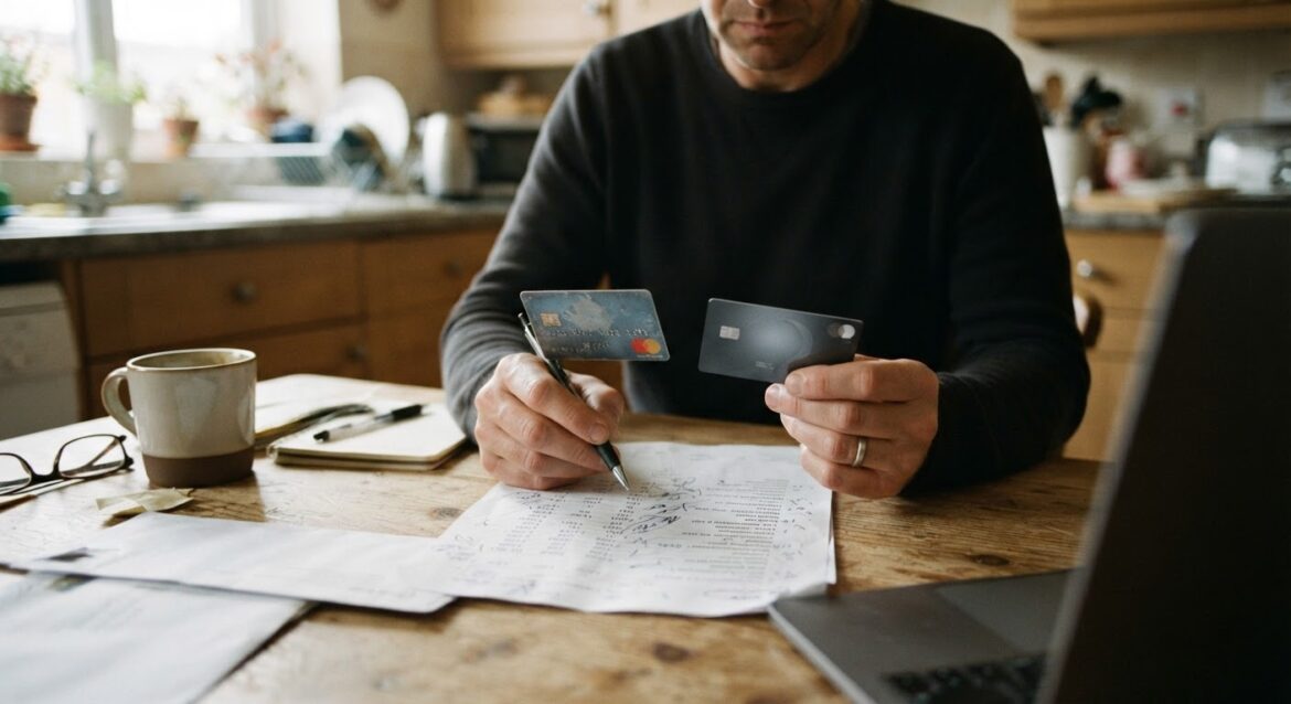 A person comparing an old and new credit card while reviewing a printed list of subscription charges