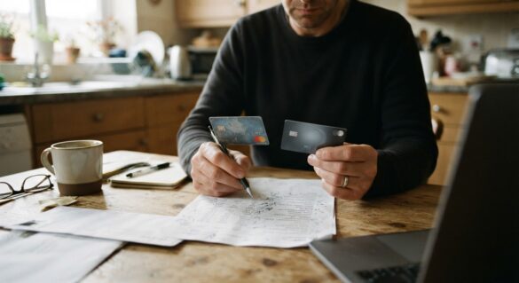 A person comparing an old and new credit card while reviewing a printed list of subscription charges