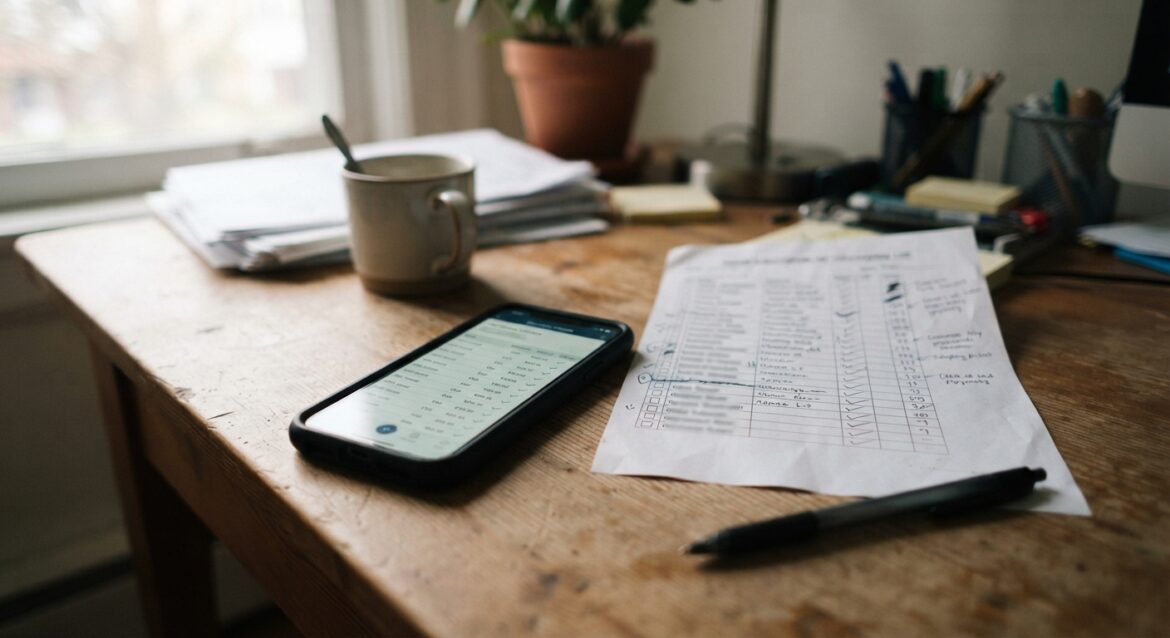 A smartphone showing a buy-now-pay-later installment schedule next to a printed subscription list and a pen