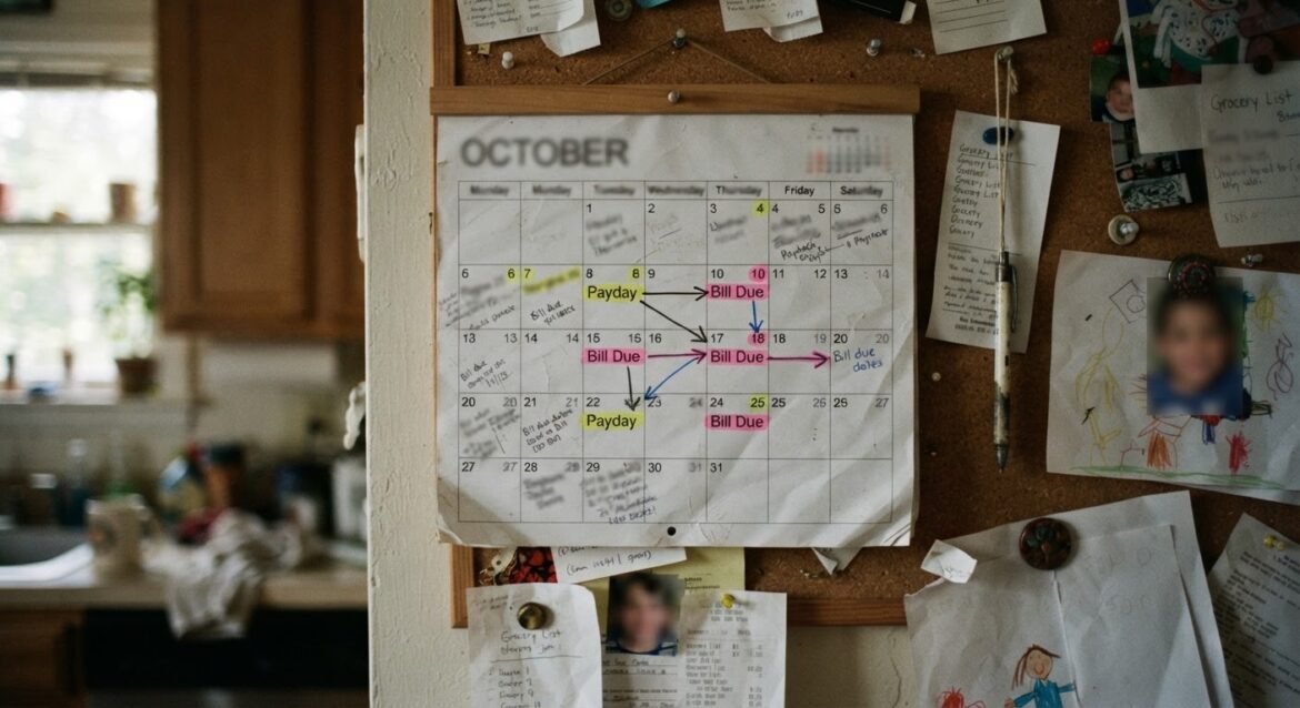 A wall calendar with paycheck dates highlighted in one color and bill due dates in another, connected by arrows