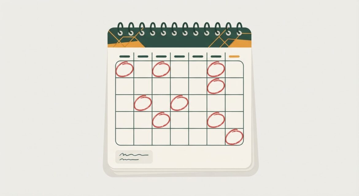 A wall calendar with several dates circled in red marker representing bill due dates