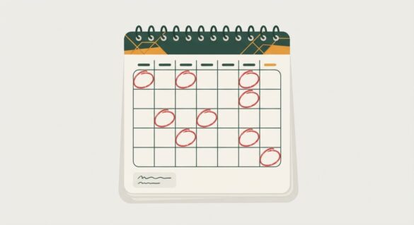 A wall calendar with several dates circled in red marker representing bill due dates