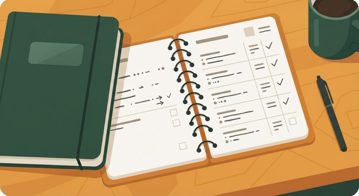 A labeled household binder and a spiral notebook open to a list of recurring bills, sitting on a kitchen table