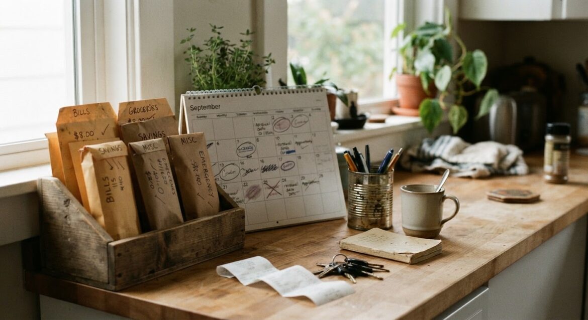 A labeled savings envelope or jar system next to a calendar marked with renewal dates