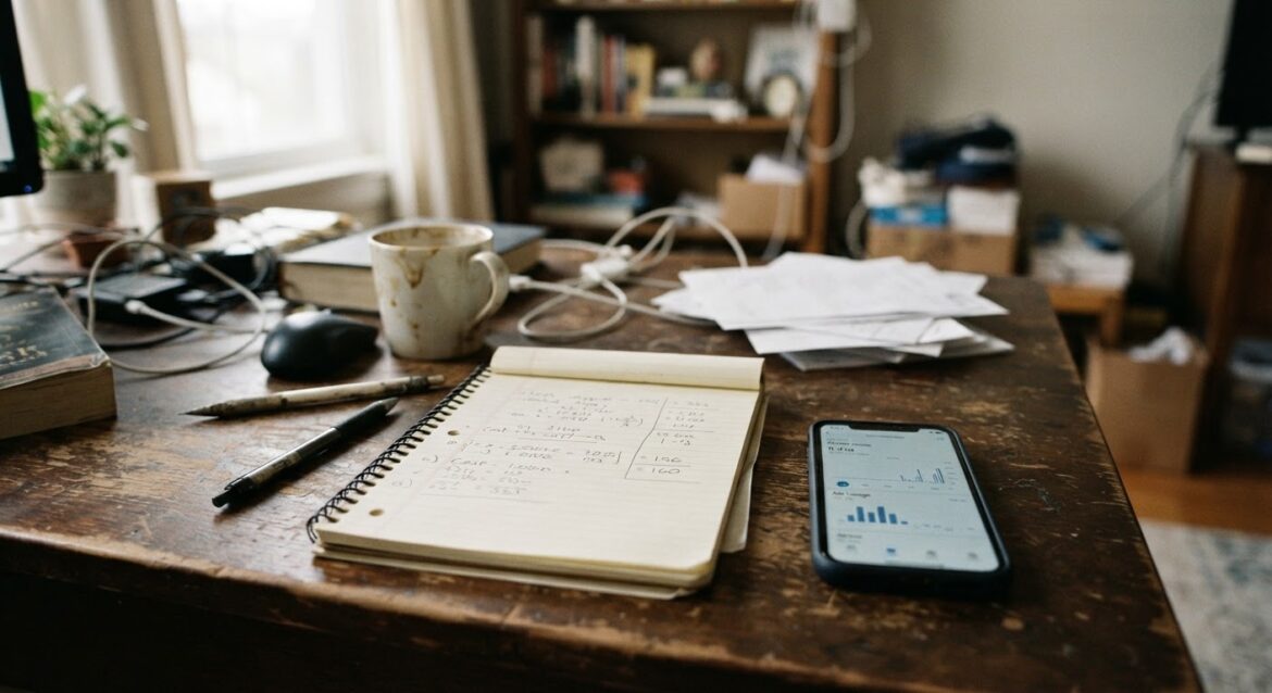 A notepad with a simple cost-per-use calculation written next to a phone showing an app usage screen