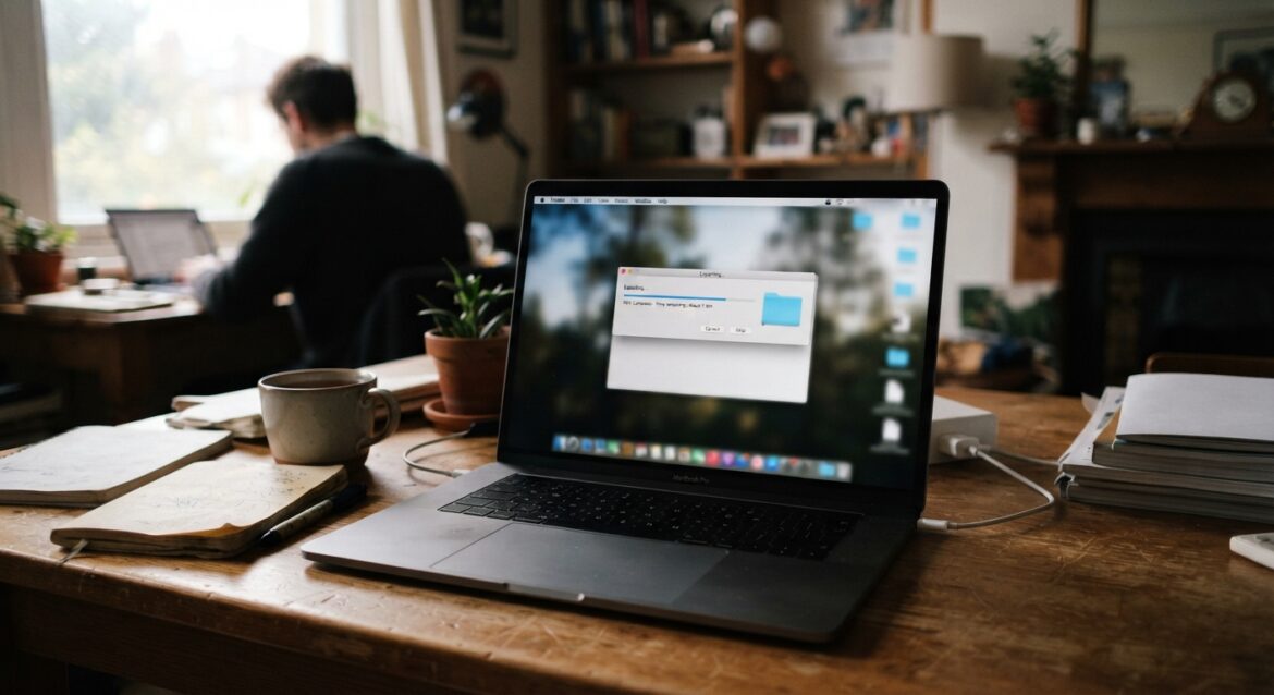 A laptop screen showing a data export progress bar next to a folder icon on a desktop