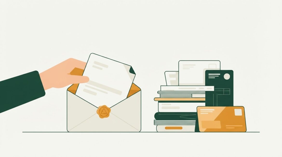 A handwritten cancellation letter being sealed in an envelope next to a stack of bills