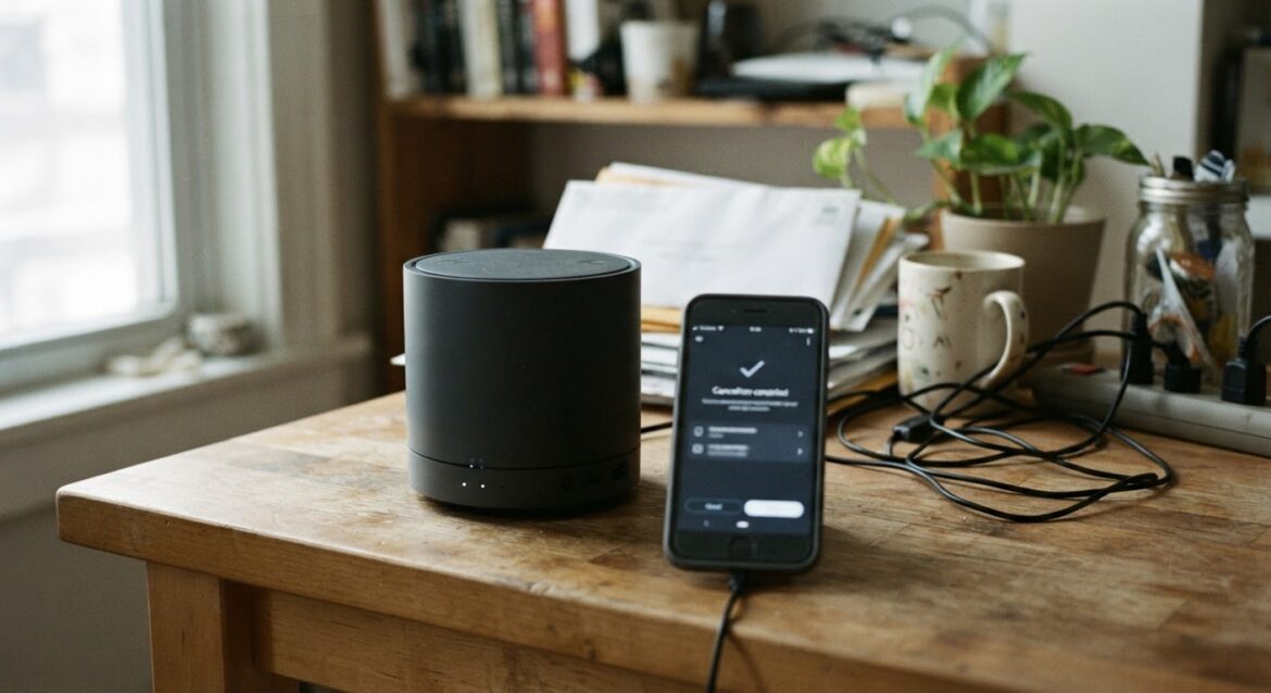 A smart home hub or router sitting next to a subscription cancellation confirmation on a phone screen