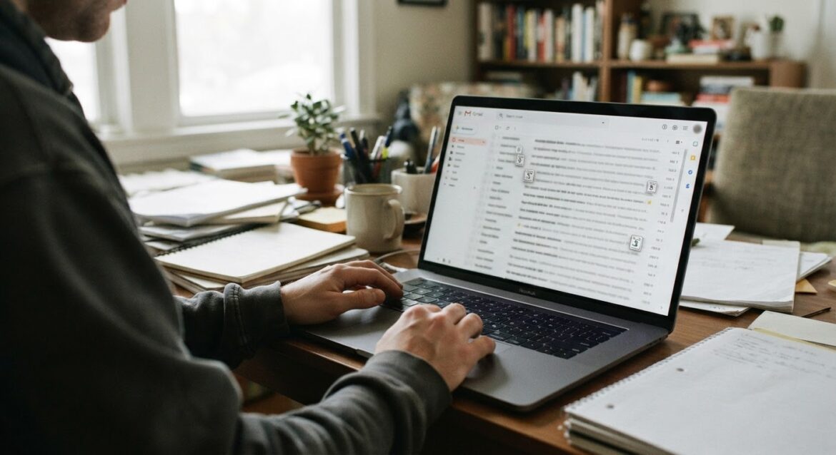 A person searching through email inbox on a laptop with subscription receipt icons highlighted
