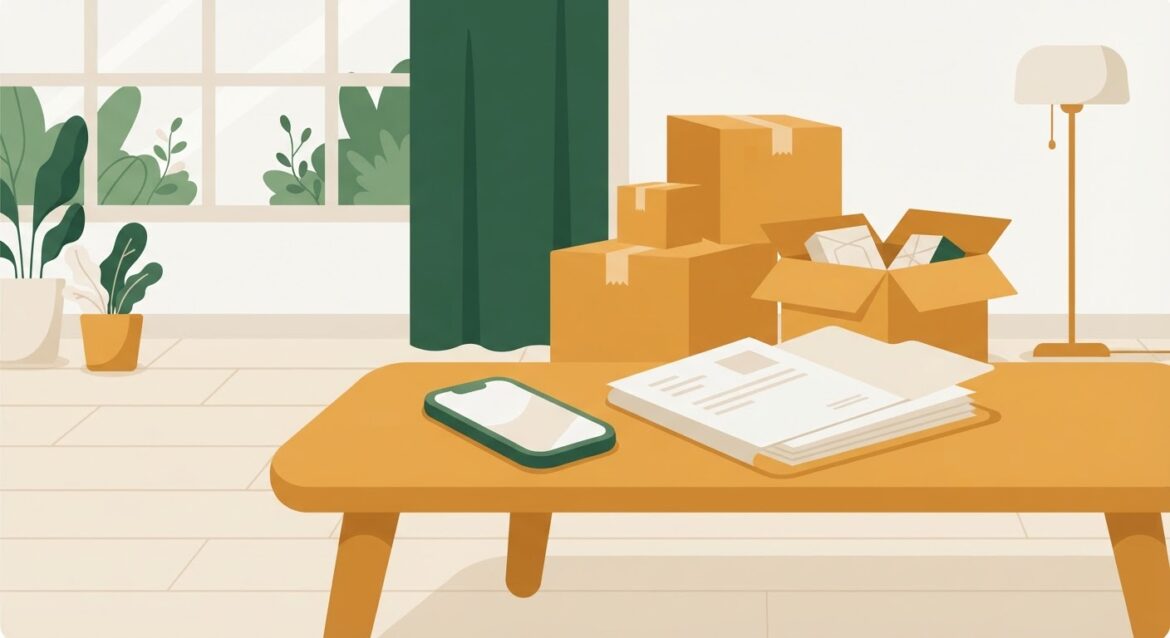 Moving boxes in a new living room with a phone and a folder of provider quotes on the table