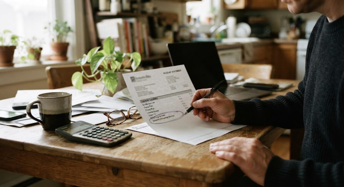 A phone bill statement with a cable, internet, and streaming bundle itemized, with a pen circling one line item
