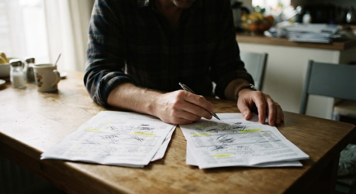 A person reviewing old and recent billing statements side by side at a kitchen table, comparing highlighted price lines