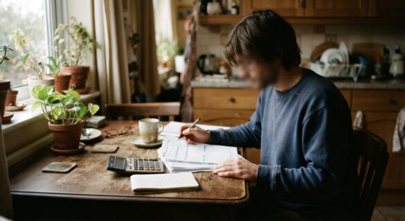 A person reviewing a water and utility bill at a kitchen table with a calculator nearby