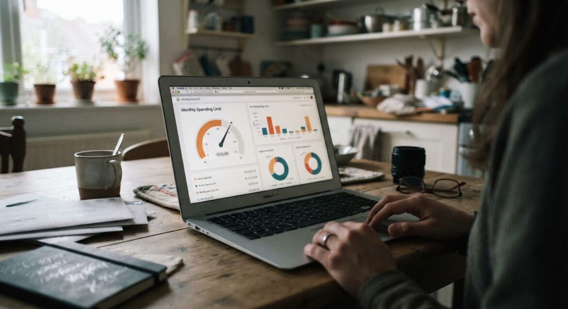 A household budget dashboard on a laptop showing a monthly spending limit gauge