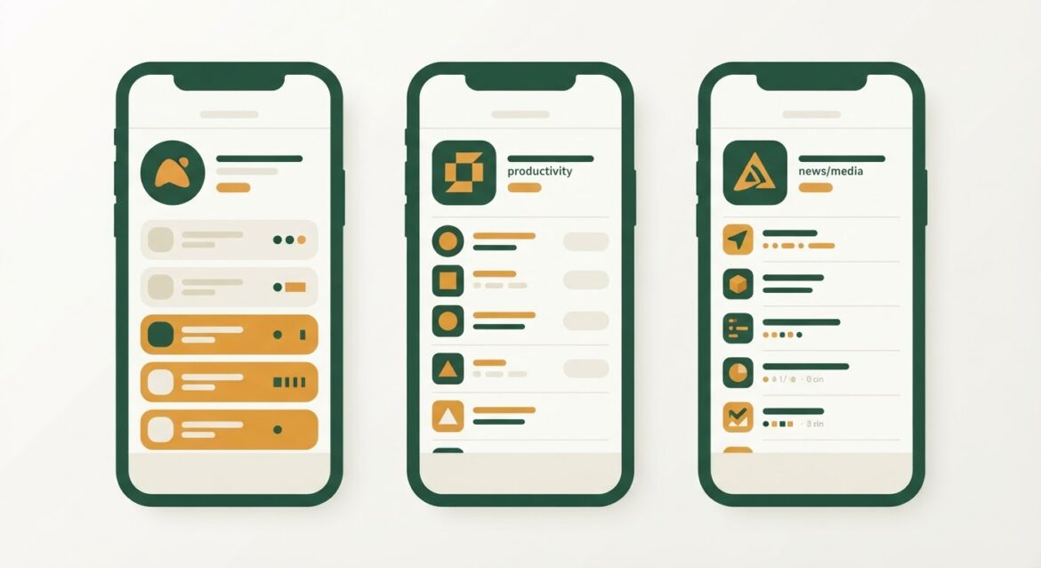 three phone screens showing different app store subscription lists
