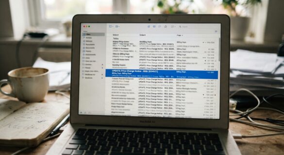 A close-up of an email inbox with a suspicious price-increase notification highlighted