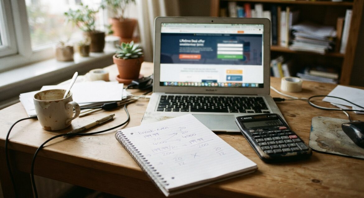 A calculator and a lifetime deal offer webpage on a laptop screen, with a notepad showing break-even math