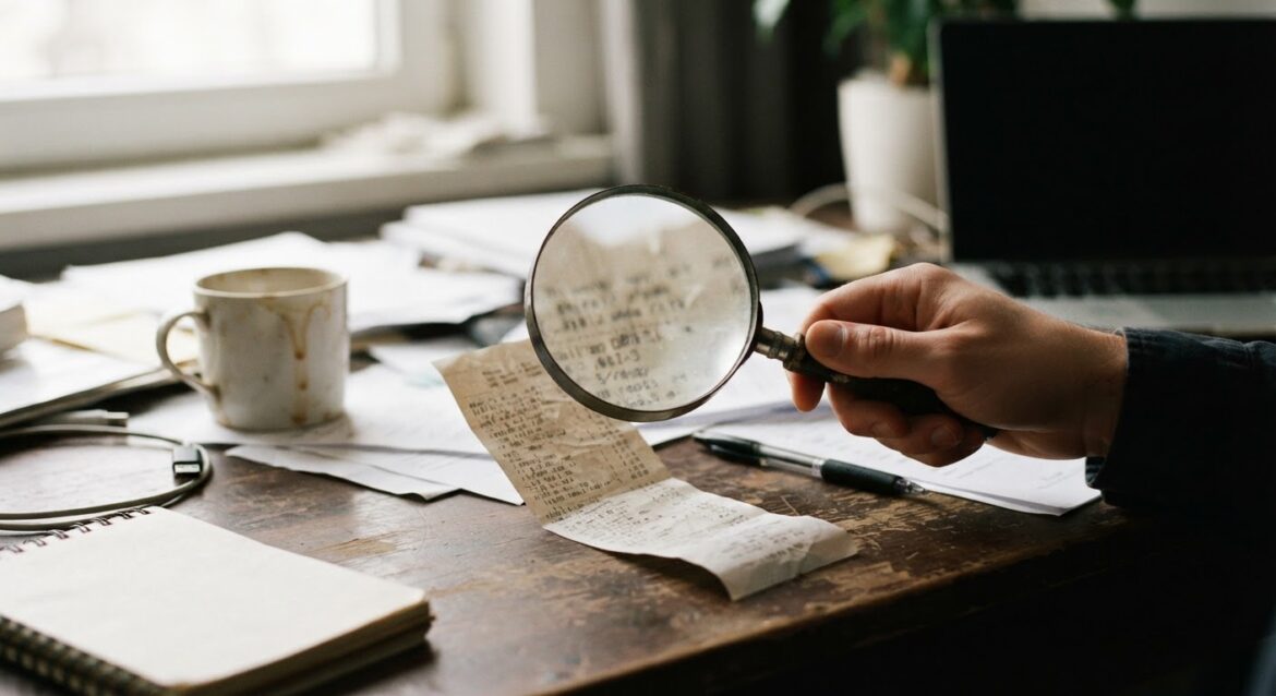 a magnifying glass hovering over a row of small text on a receipt