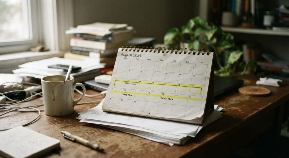A calendar with two highlighted pricing timelines, one marked 'free trial' and one marked 'intro price'