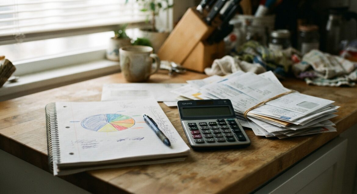 A pie chart drawn on a notepad next to a calculator and a stack of bills