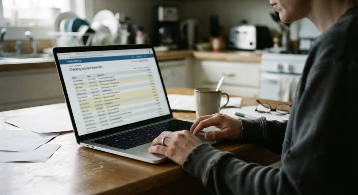 a person reviewing a checking account statement on a laptop with bank debit transactions highlighted