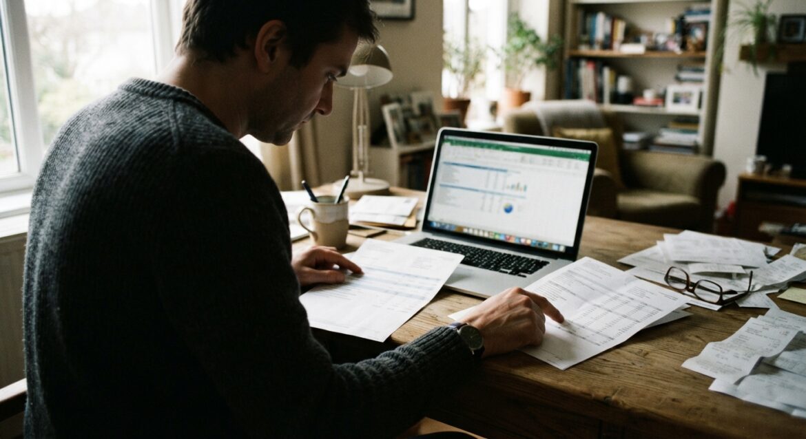 A person reviewing business and personal bank statements side by side at a desk with a laptop