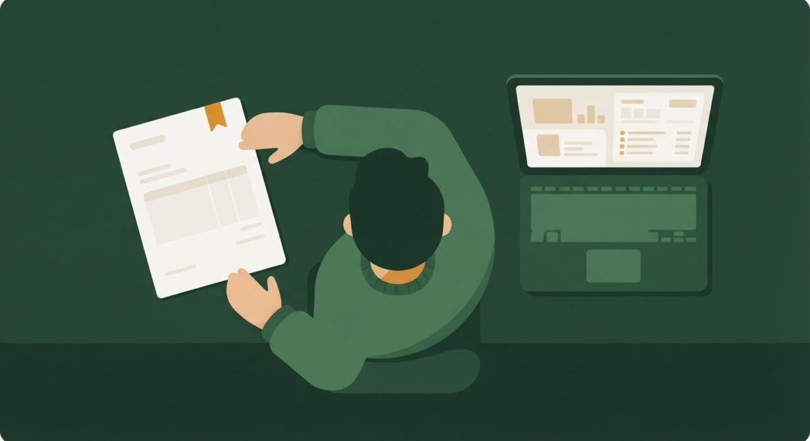 A person reviewing a benefits statement next to a laptop showing subscription charges